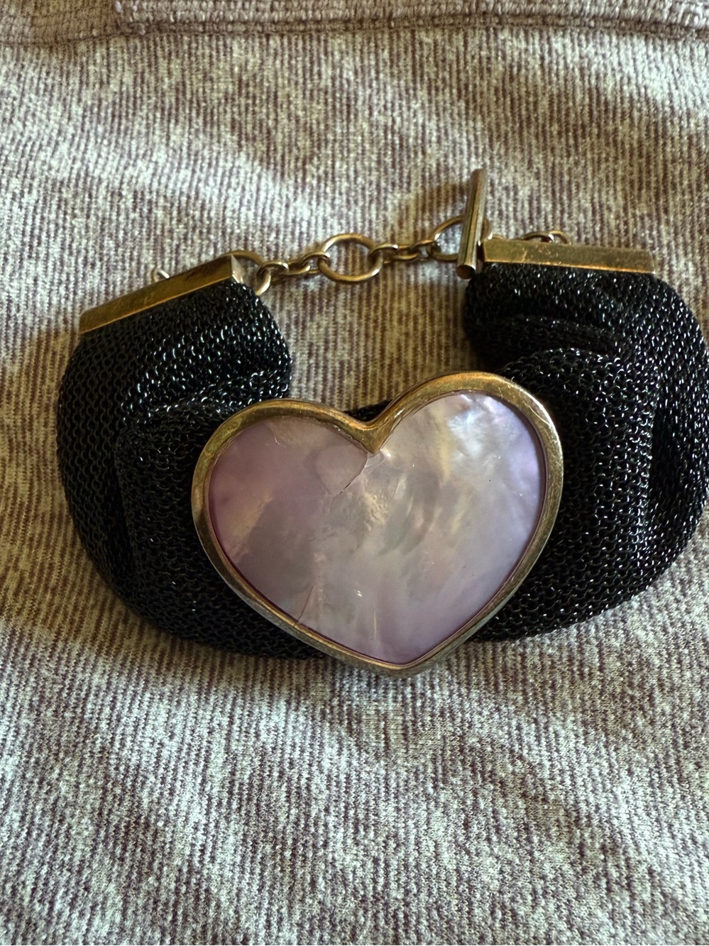 Lavender Heart Mother-of-Pearl Bracelet with Black Mesh Band